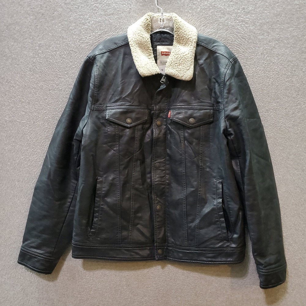 Levi's Men Jacket Medium Black Faux Leather Trucker Sherpa Collar Full Zip READ